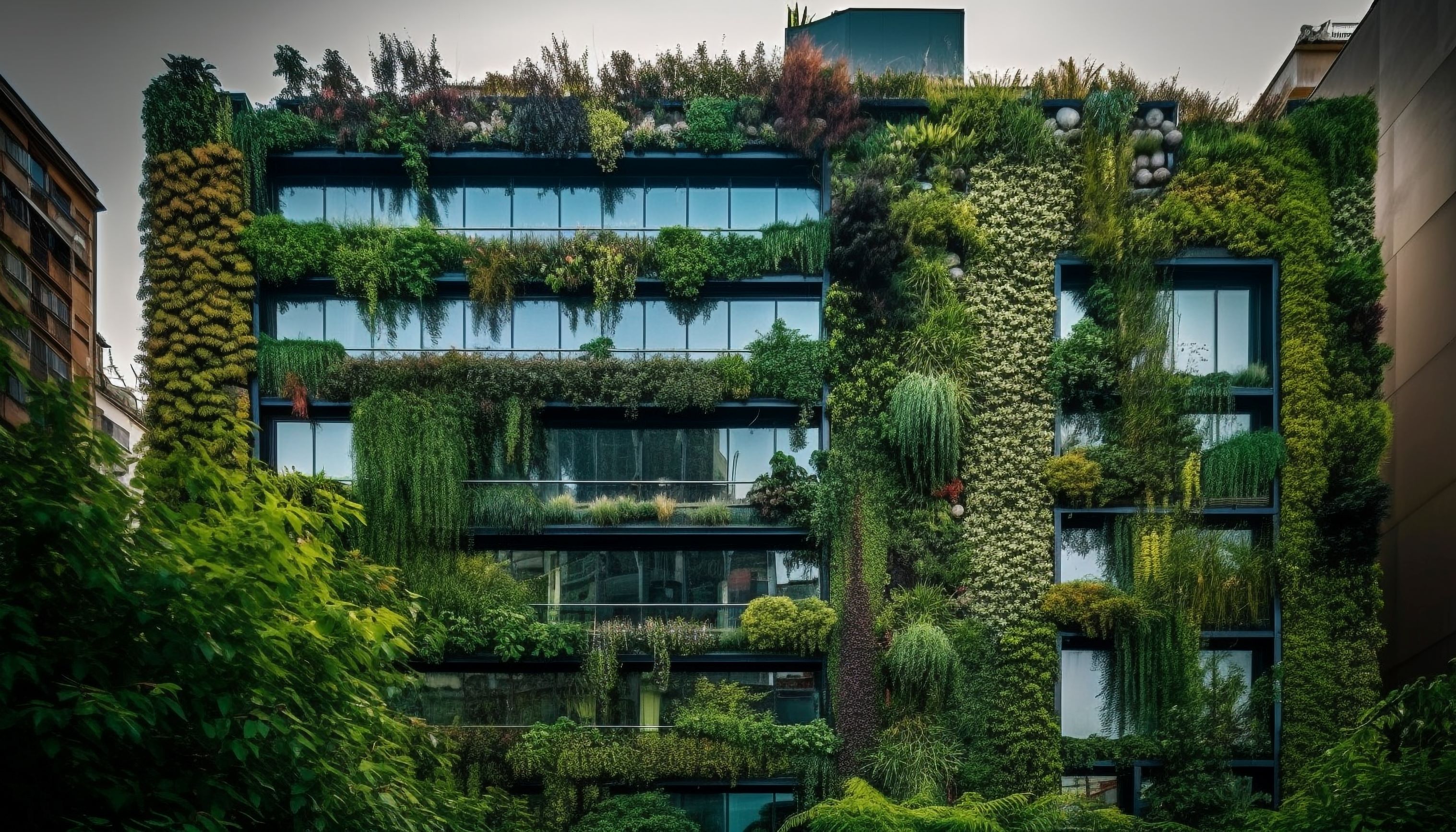 Blick auf ein modernes Mehrfamilienhaus in einer Stadt. Das Haus hat breite Fensterfronten und ist über und über mit Pflanzen bewachsen, außer die Fenster.